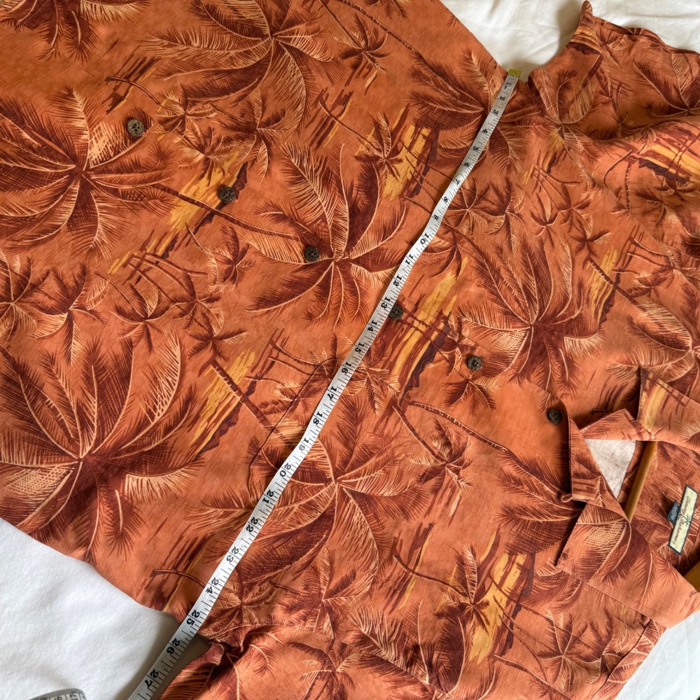 VTG Tommy Bahama Mens XL Silk Palm Tree Sunset Camp Shirt Orange Short Sleeve - Picture 7 of 10